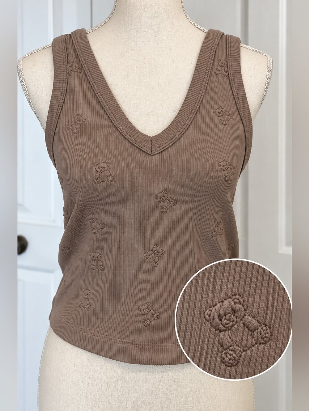 Justify Taupe Ribbed V-Neck Tank with Teddy Embroidery